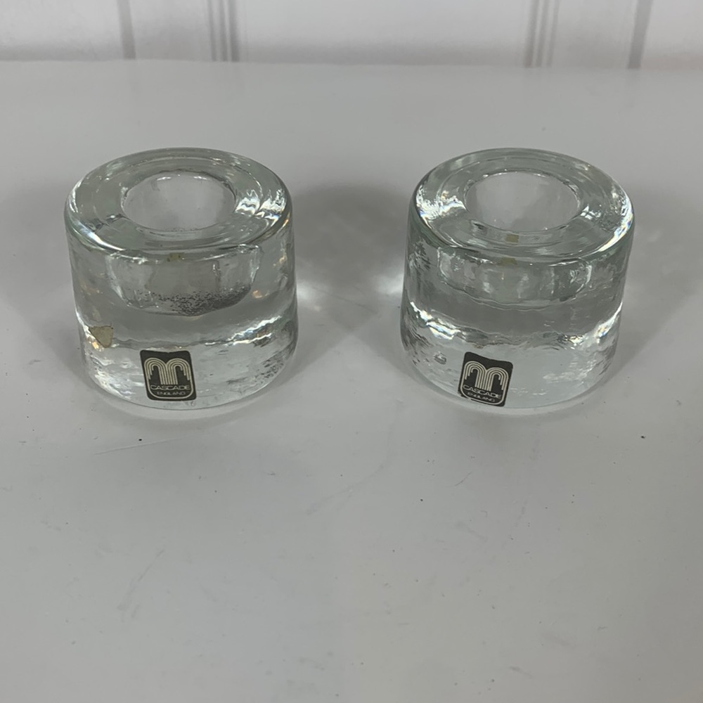 Pair Cascade England round glass candle holders1.5”x1.75”